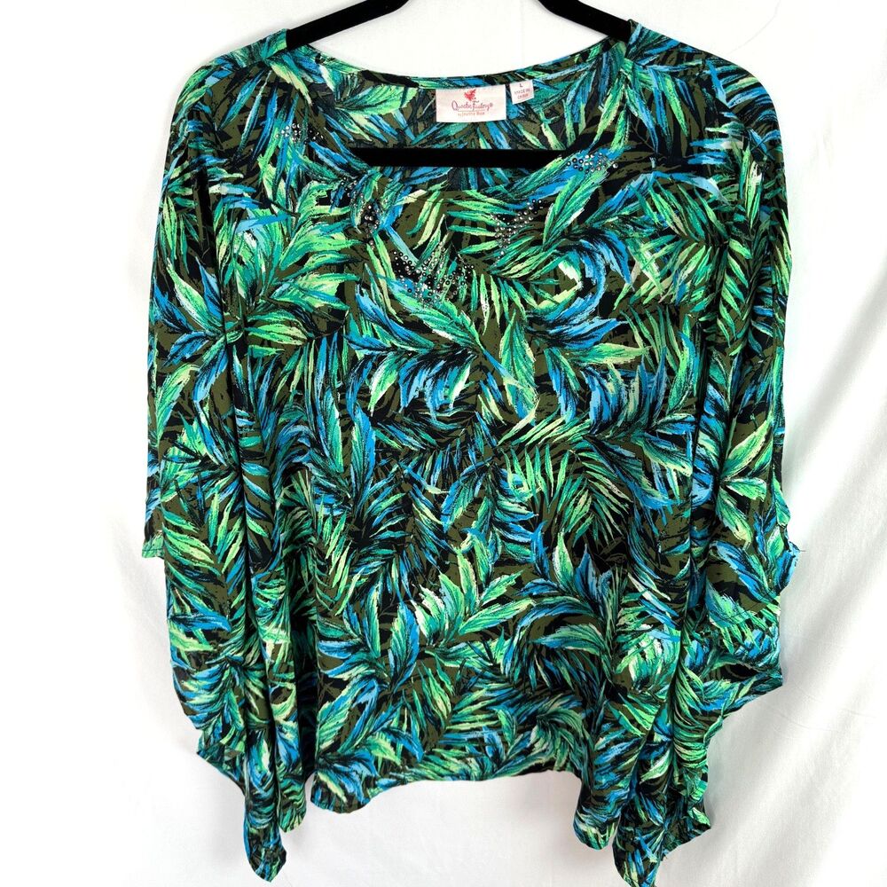 Quacker Factory Women's Blouse Top Size Large Palm Leaf Print Batwing Sleeves